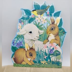 Vintage Cardboard Easter Spring Cutout Lamb And Rabbits Playing